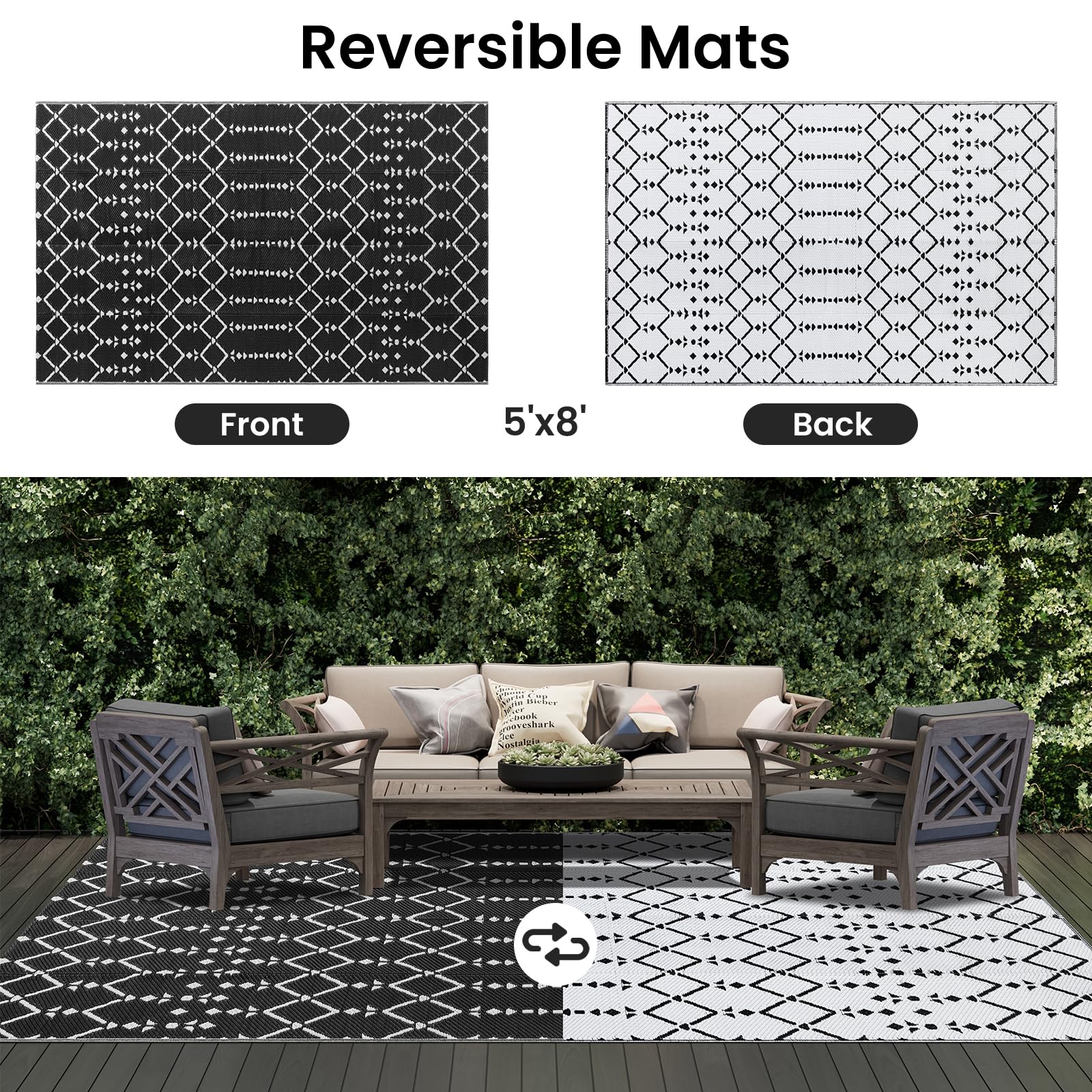 Smiry alfombra colocada en terraza con muebles, mejora la zona exterior