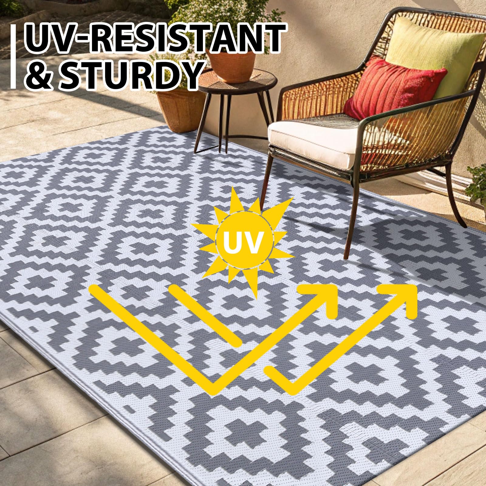 Smiry alfombra en patio con muebles, aporta confort y estilo