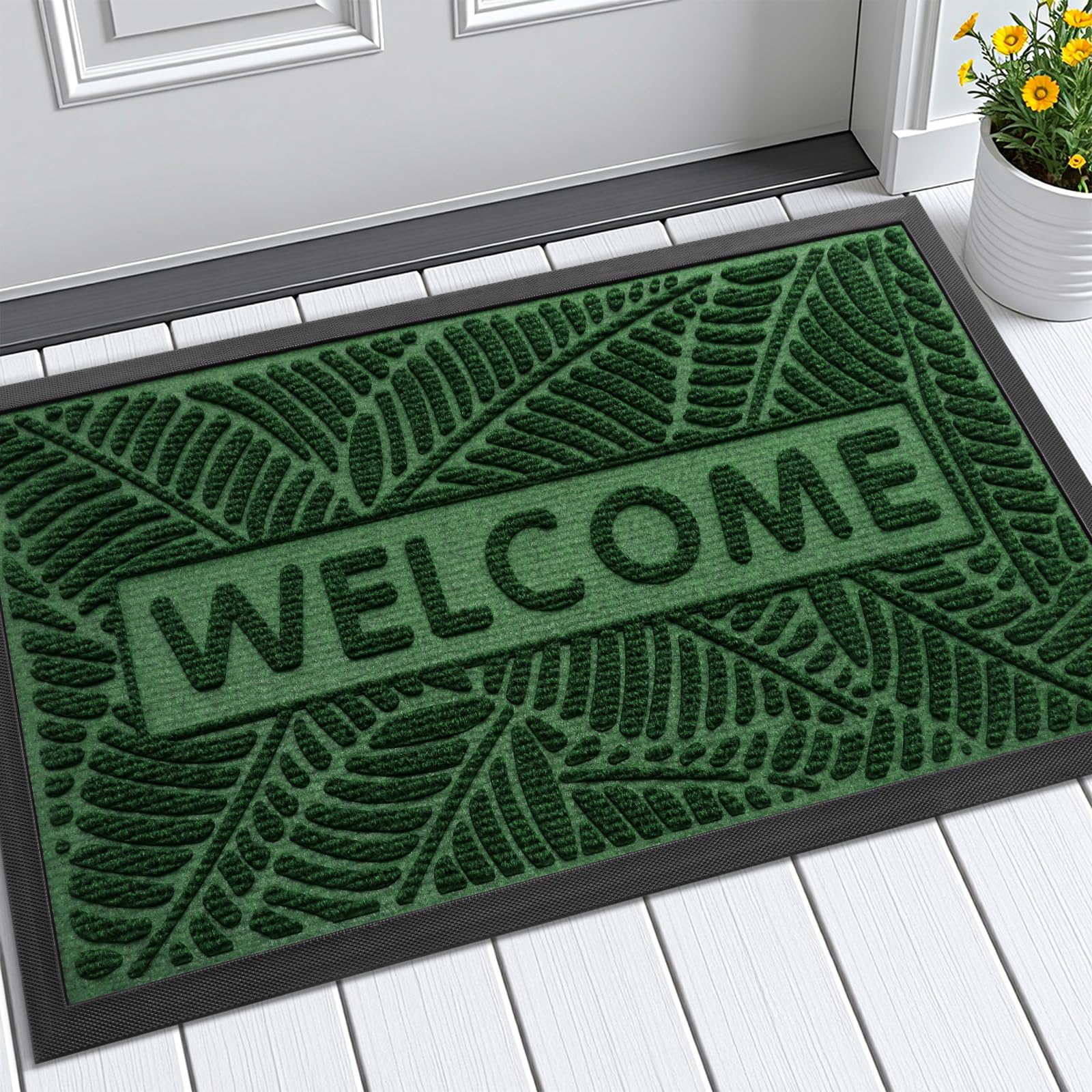 Smiry felpudo frontal mostrando diseño "WELCOME" y bienvenida duradera