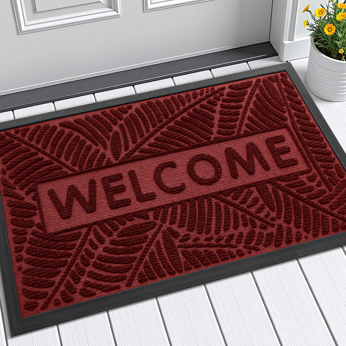 Smiry felpudo frontal mostrando "WELCOME" y bienvenida duradera