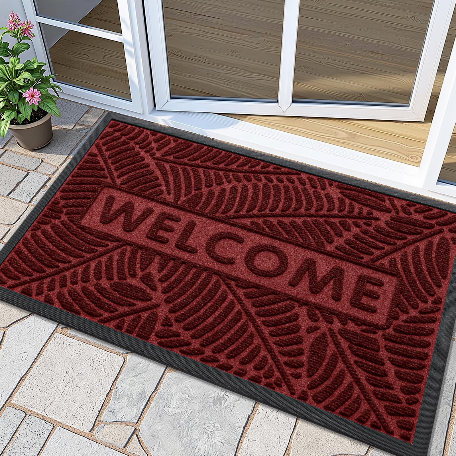 Smiry felpudo frontal con mensaje Welcome mostrando entrada acogedora