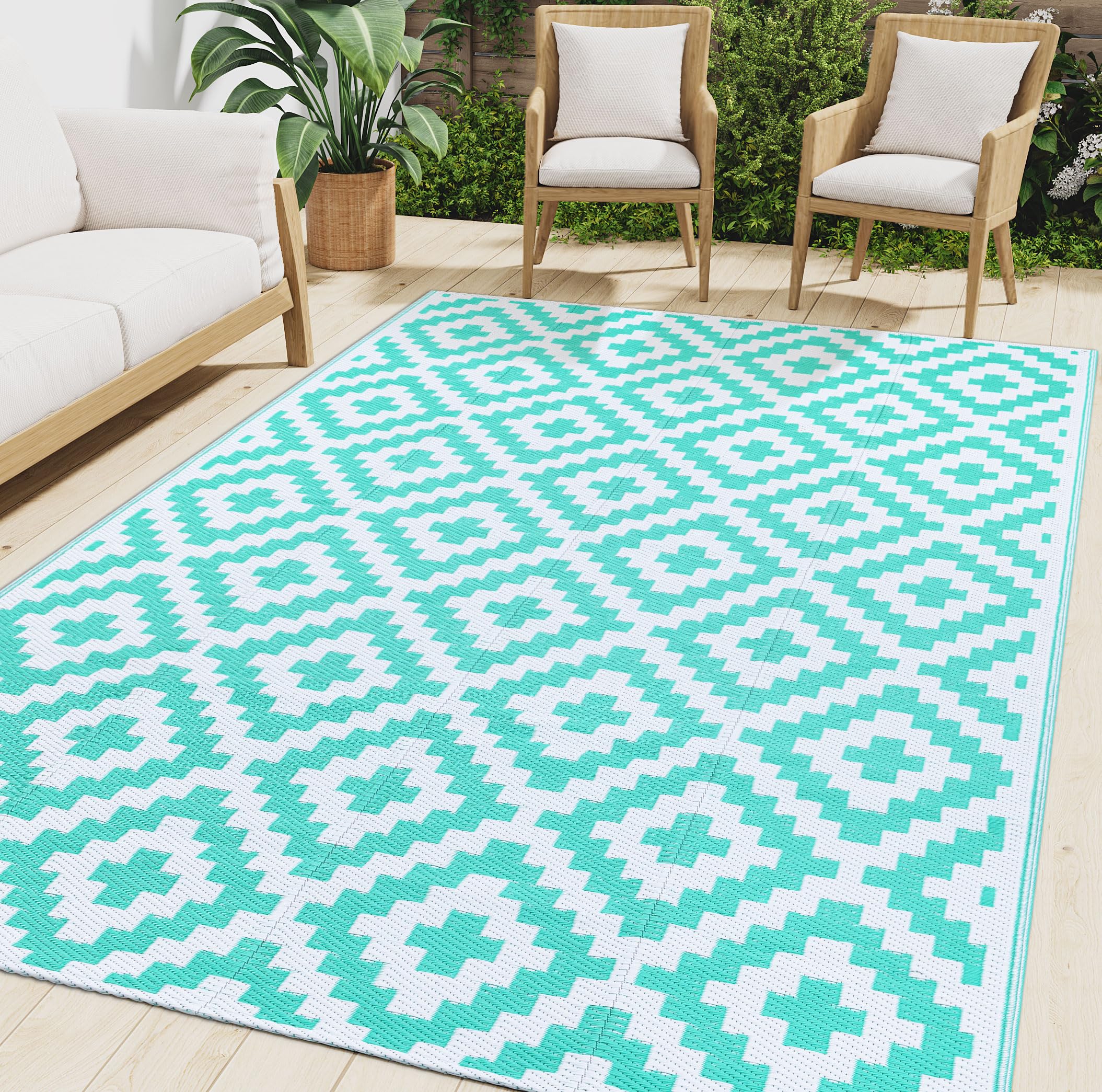Smiry alfombra frontal boho blanca y turquesa mostrando diseño y confort