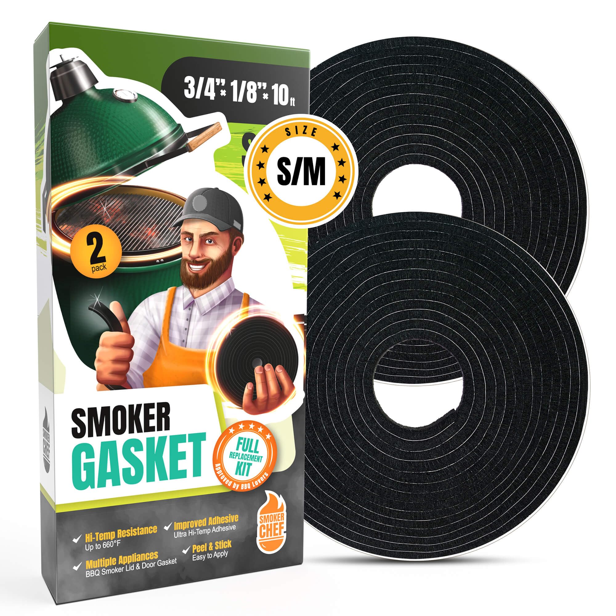 Smoker Chef junta frontal en empaque mostrando longitud y sellado