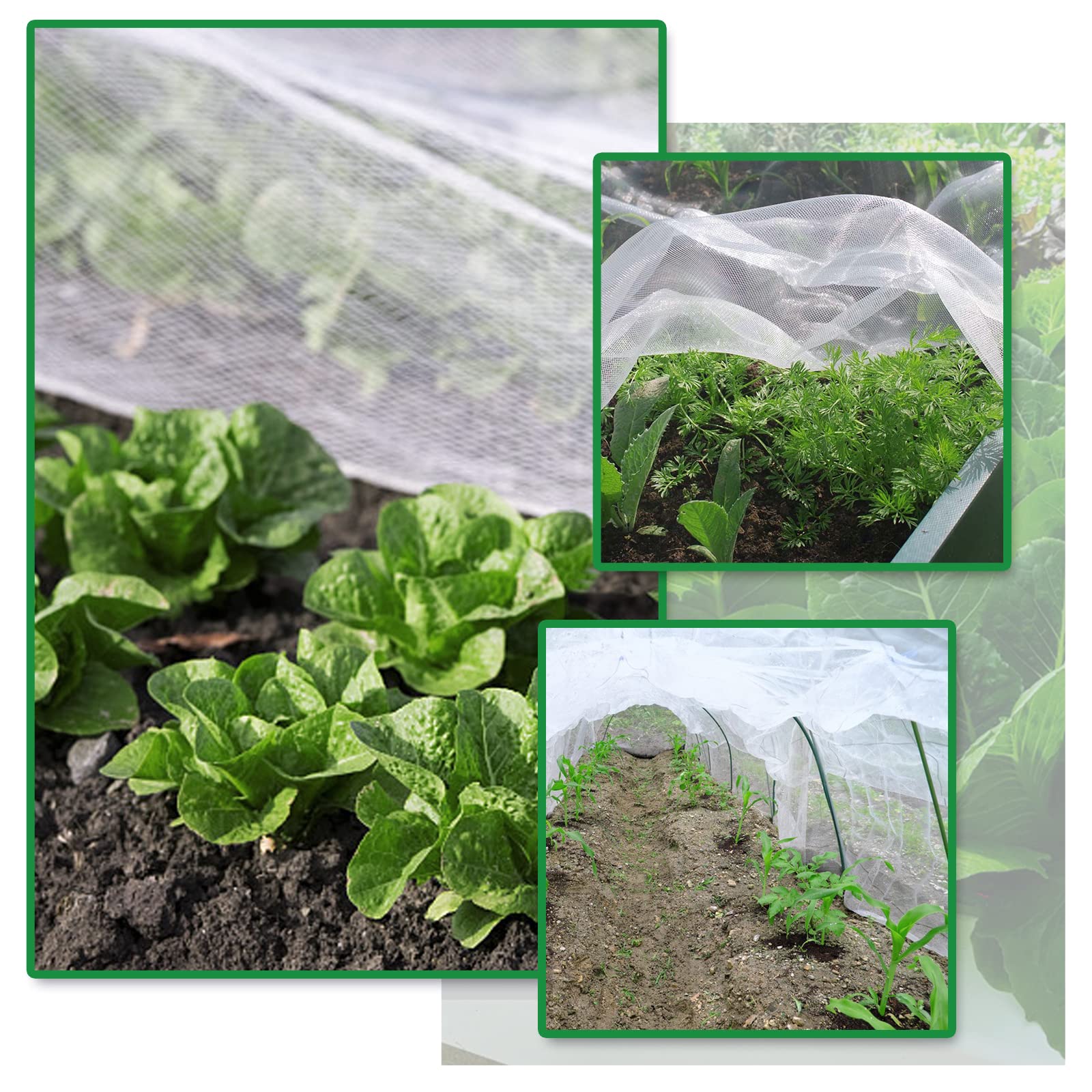 SnugNiture malla colocada sobre hileras para proteger plantas, mantiene luz y agua