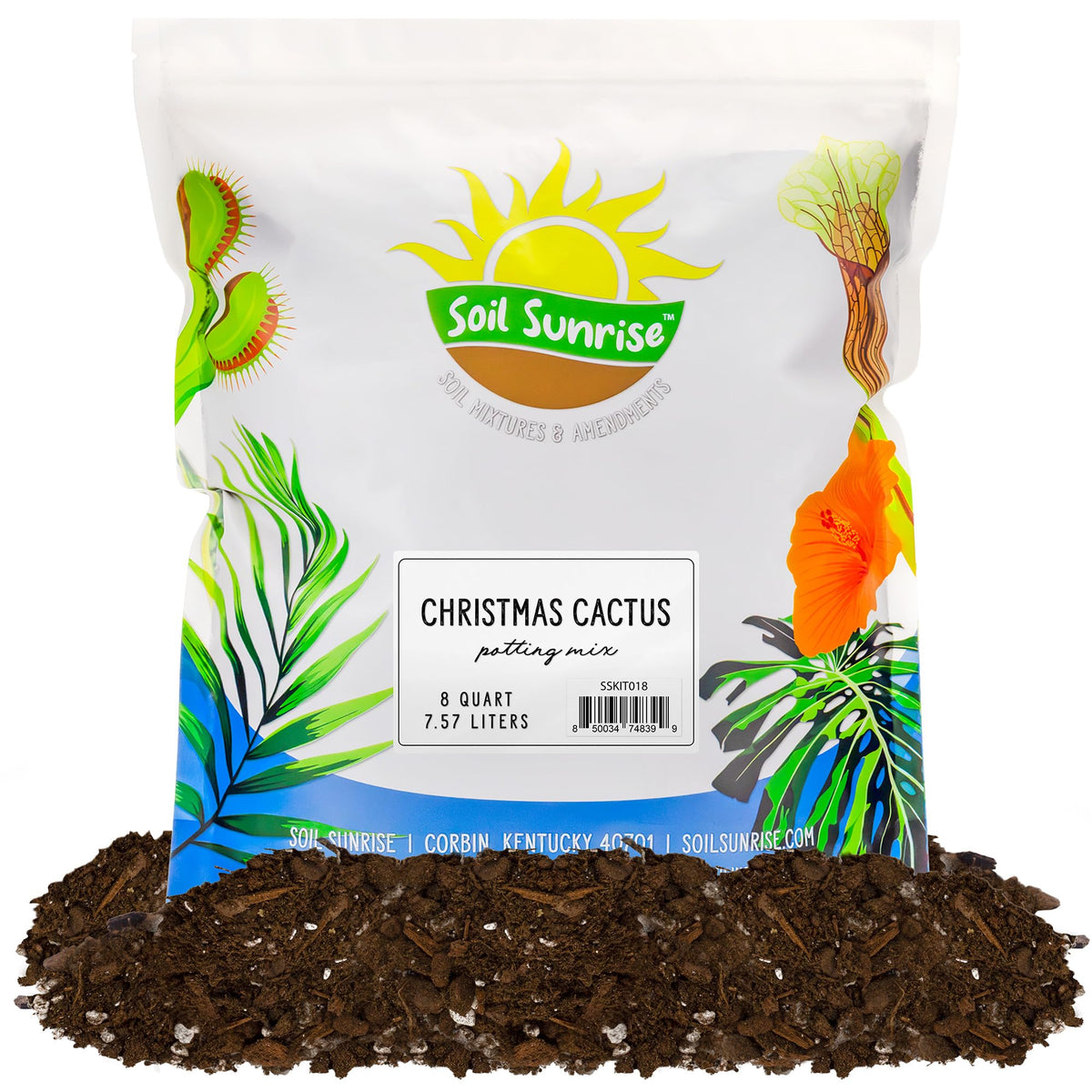 Soil Sunrise empaque frontal mostrando 8 cuartos y beneficios del sustrato
