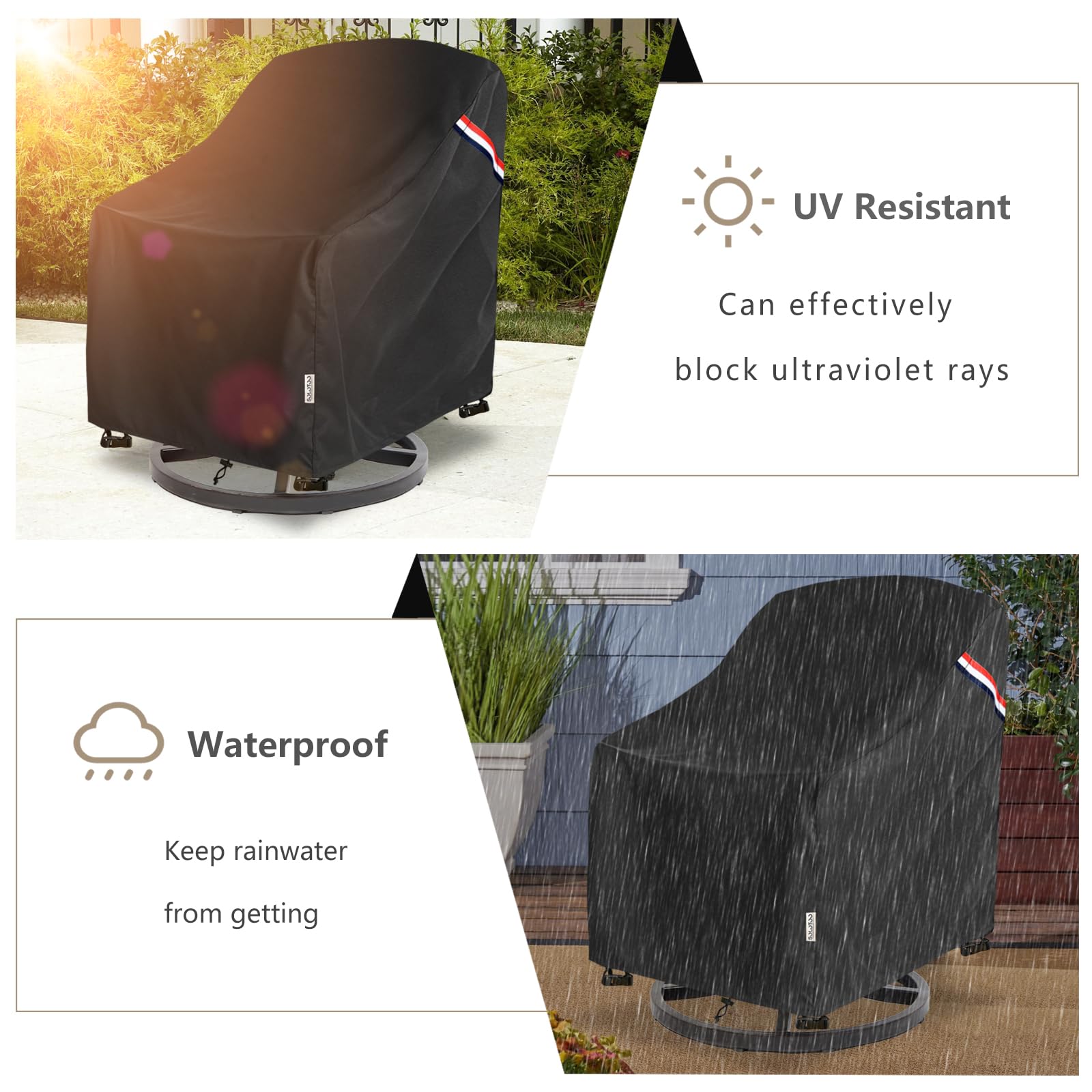 SoloToo funda colocada en silla de patio protegiendo contra lluvia