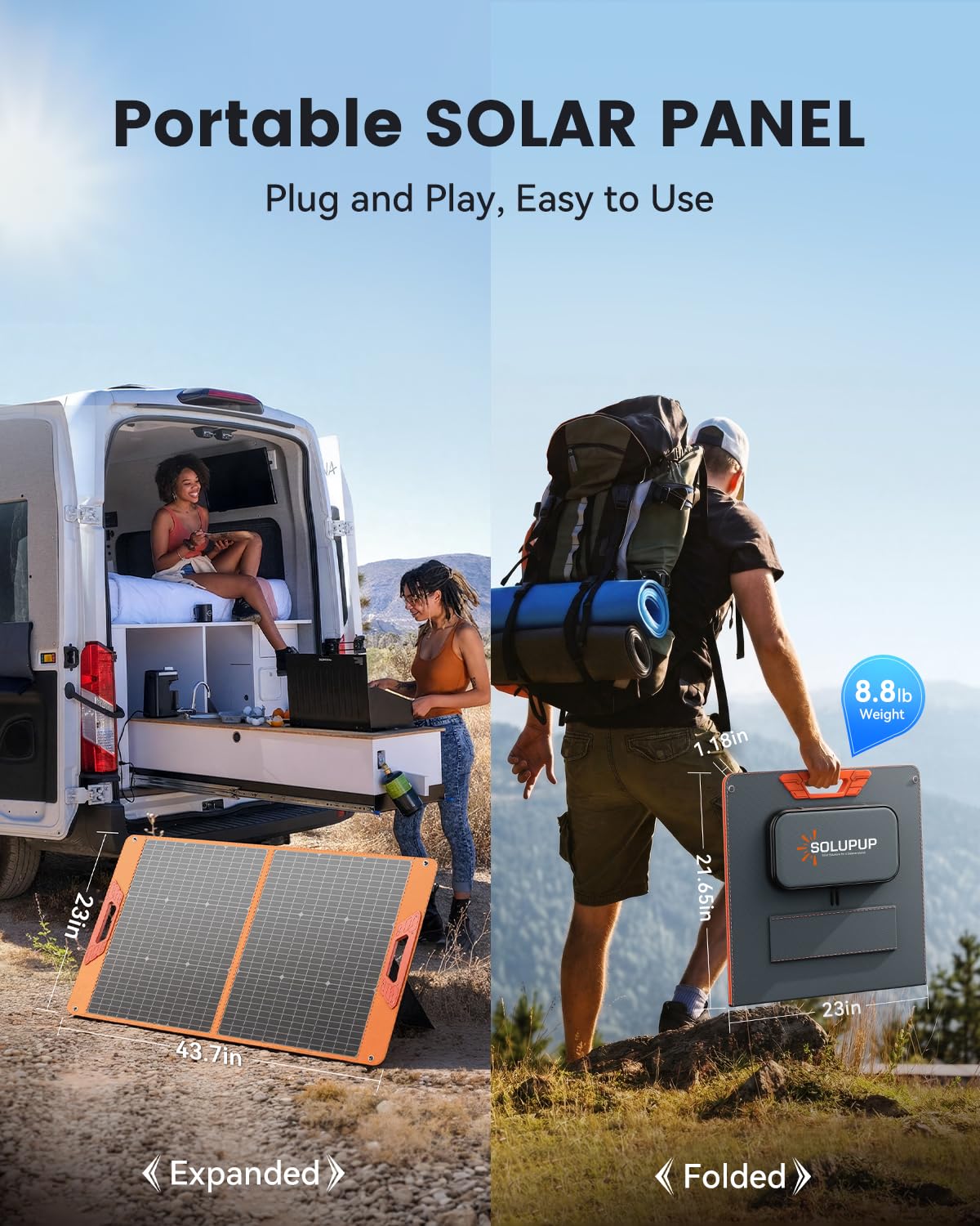 SOLUPUP panel cargando dispositivos en mesa de camping para conveniencia