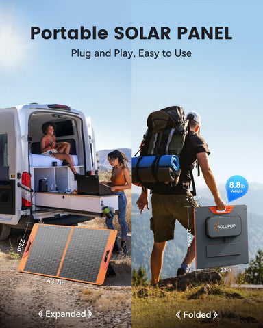 SOLUPUP panel cargando dispositivos en mesa de camping para conveniencia