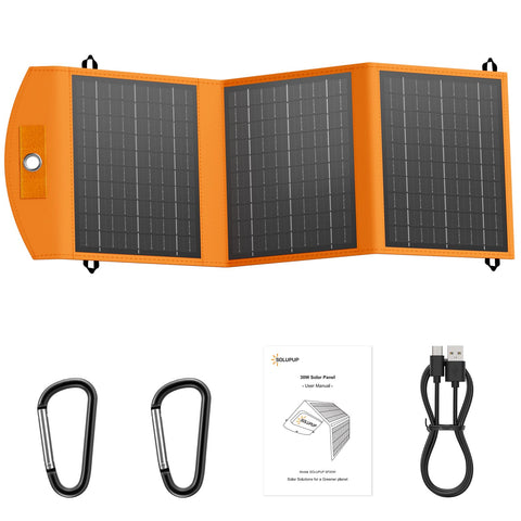 SOLUPUP panel frontal 30W mostrando puertos USB y superficie monocristalina para carga eficaz