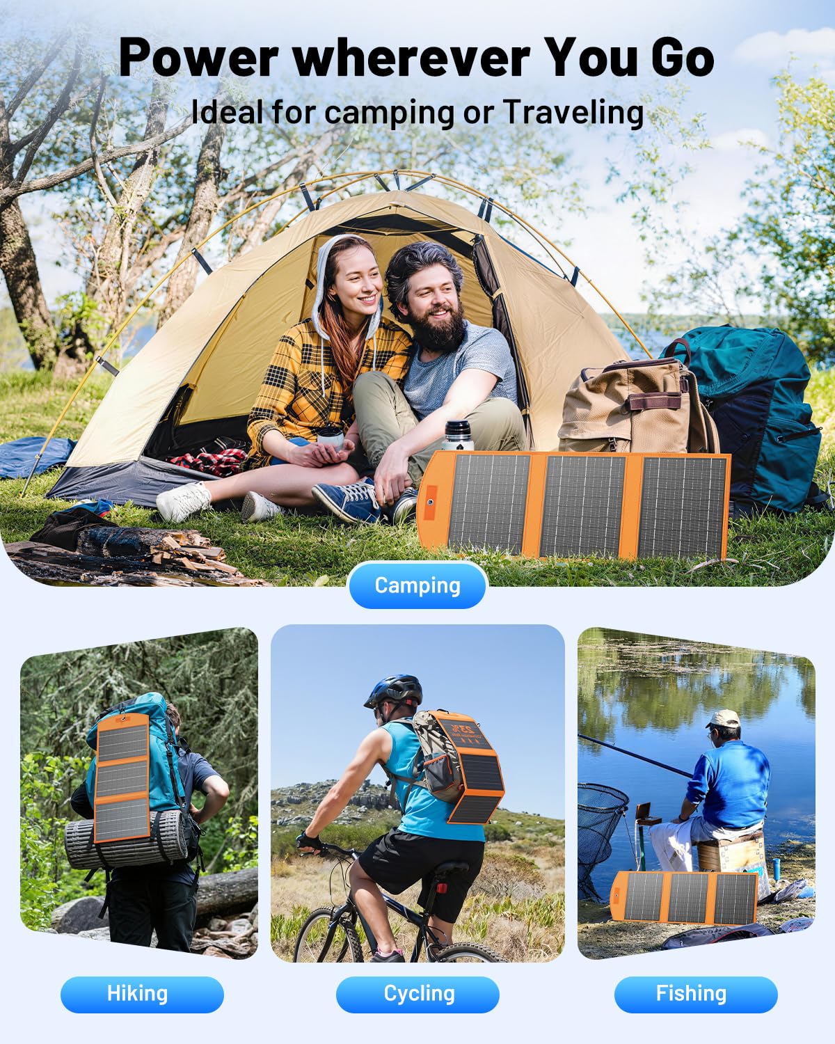 SOLUPUP panel junto a equipo de camping mostrando uso práctico en pernocta al aire libre