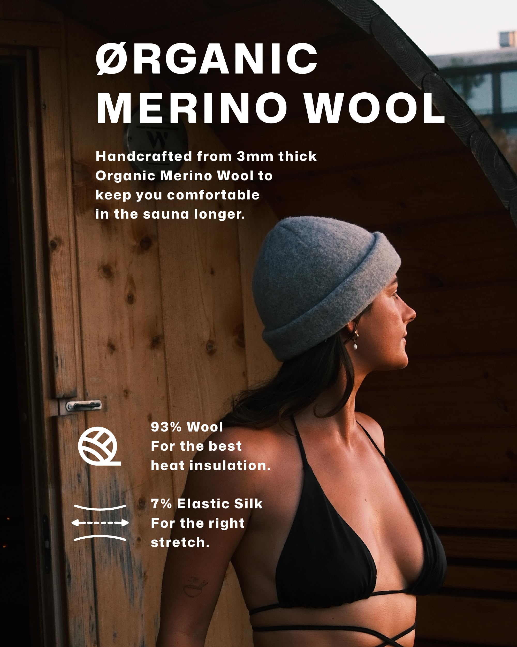 SØND gorra puesta en sauna ofreciendo confort y protección térmica