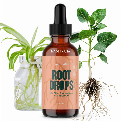 Southside Plants frasco Root Drops frente mostrando etiqueta clara y beneficios