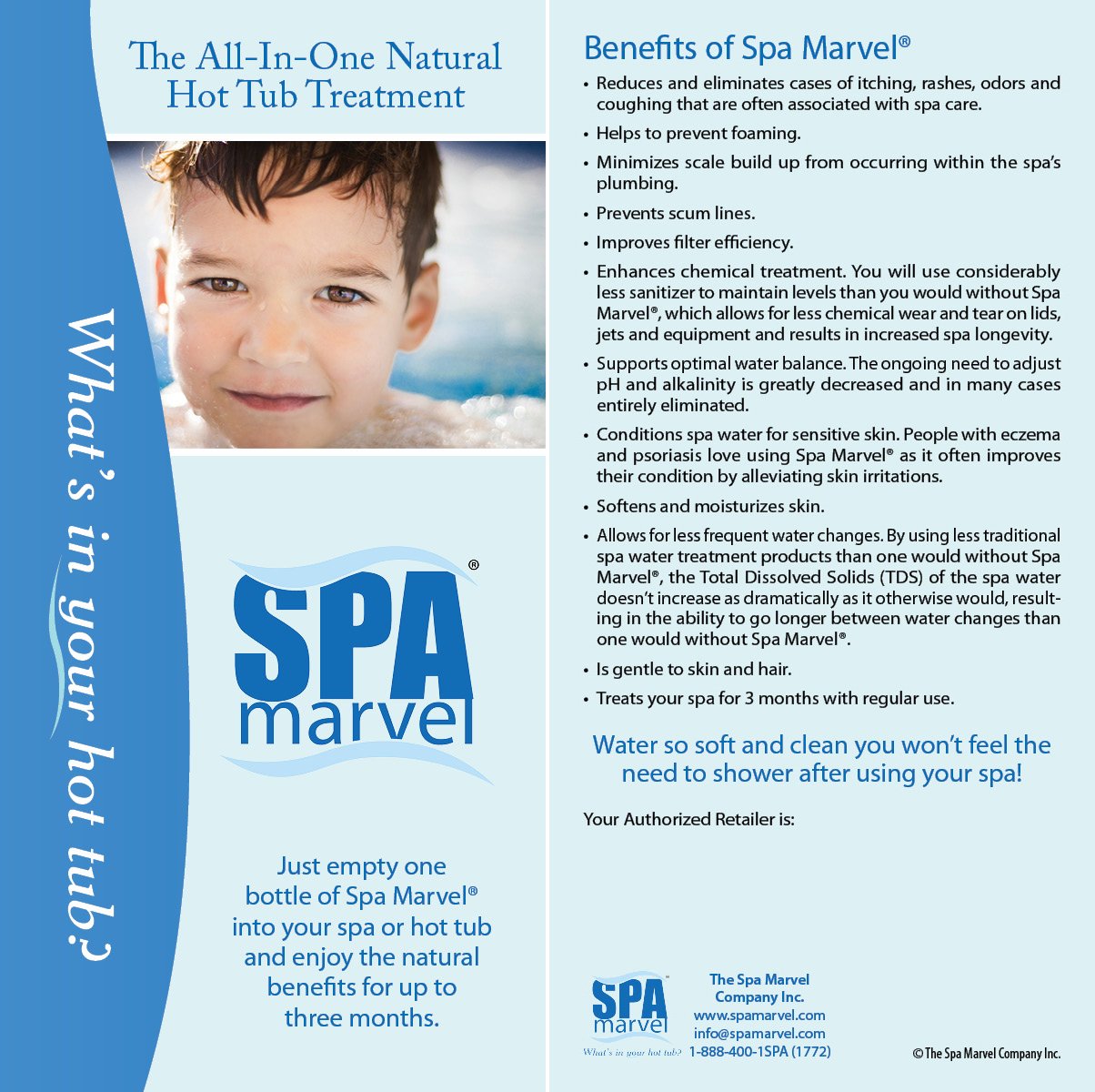 Spa Marvel gota de solución en superficie, destaca fórmula enzimática que suaviza agua