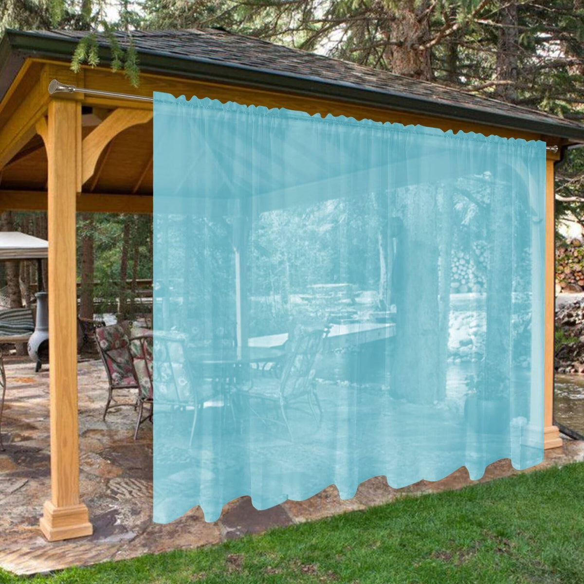 SpaceDresser panel frontal aqua mostrando caída elegante y protección ligera