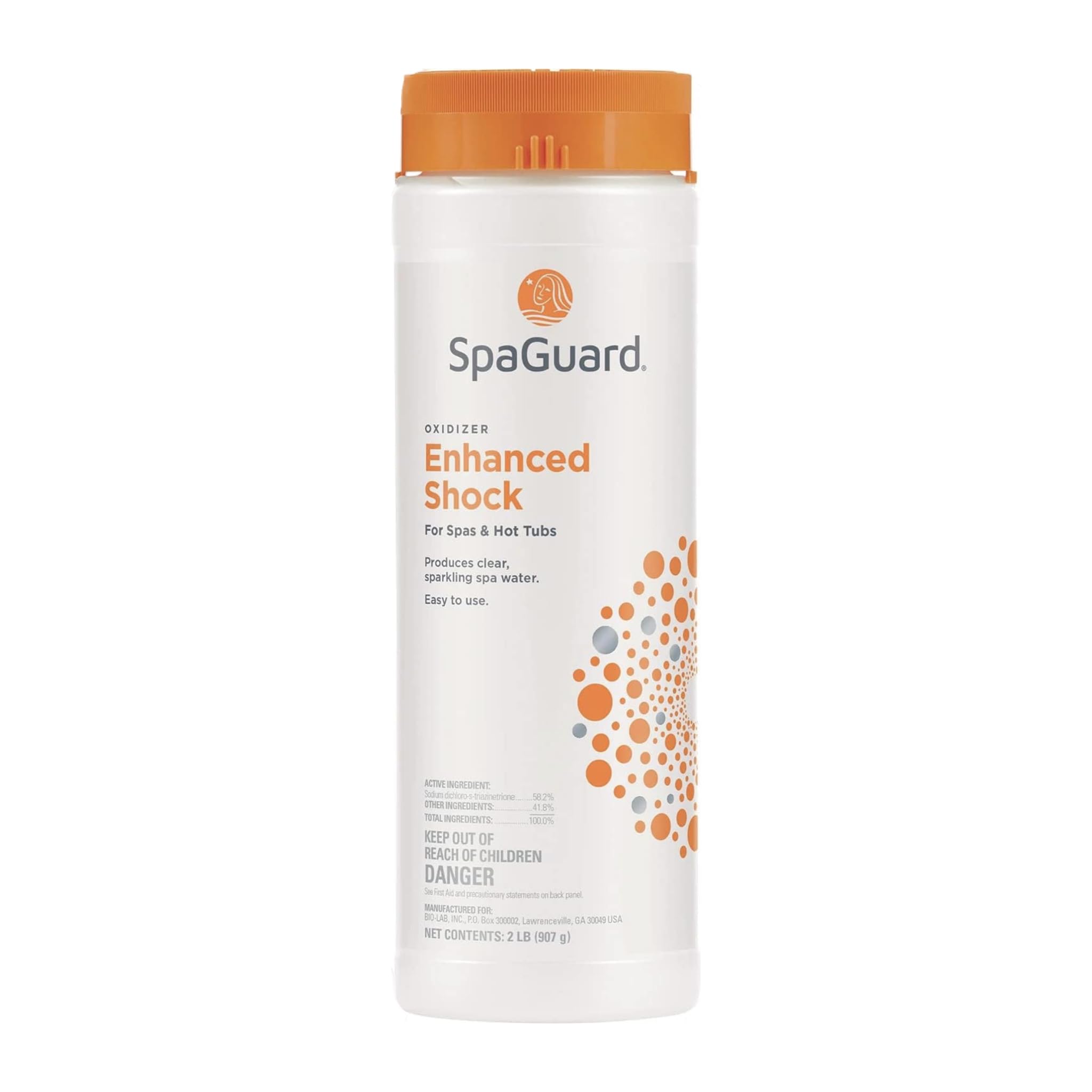 SpaGuard paquete frontal de 2 lb mostrando etiqueta y beneficio de clarificar agua