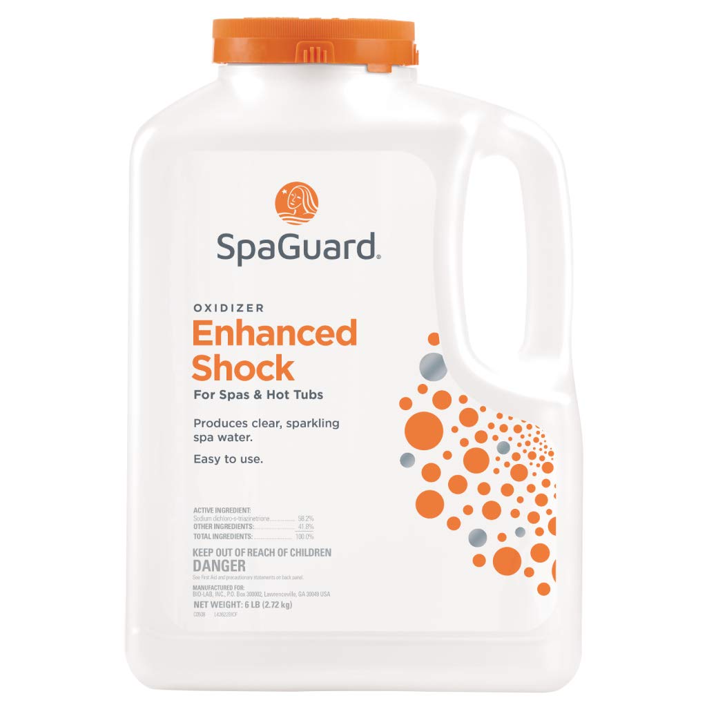 SpaGuard envase frontal mostrando 6 lbs y beneficios de mantenimiento