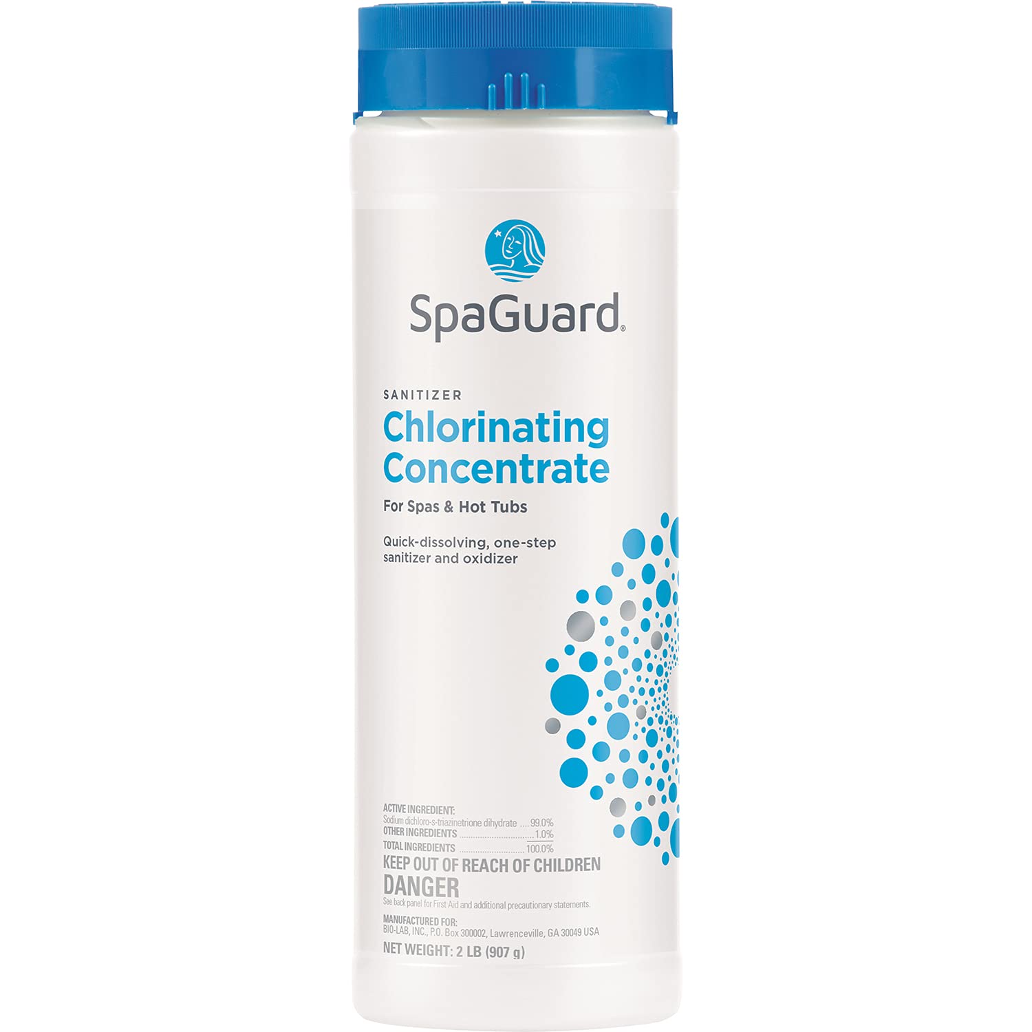 SpaGuard envase frontal de 2 lb mostrando el etiquetado y uso seguro
