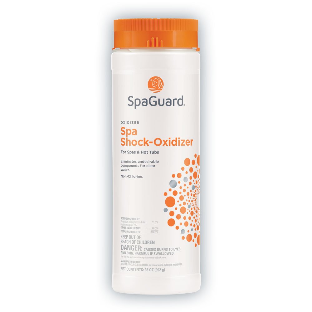 SpaGuard envase frontal de 35 oz mostrando etiqueta clara y uso sencillo