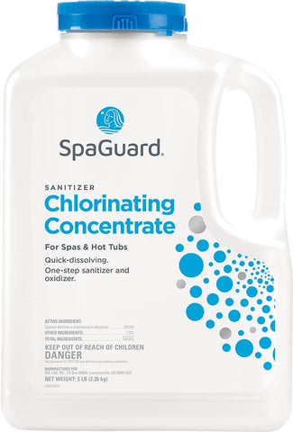 SpaGuard envase frontal de 5 lb mostrando etiqueta clara y uso sencillo