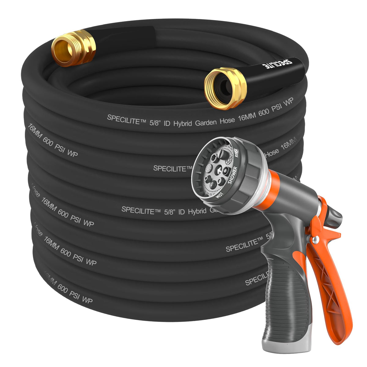 SPECILITE manguera frontal empaquetada mostrando longitud 75 ft y color negro, durable