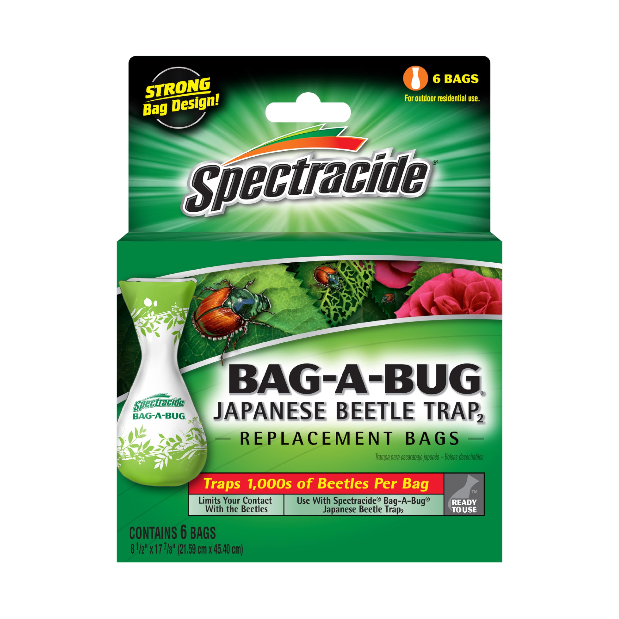 Spectracide bolsa frontal del paquete mostrando 6 recambios y uso práctico