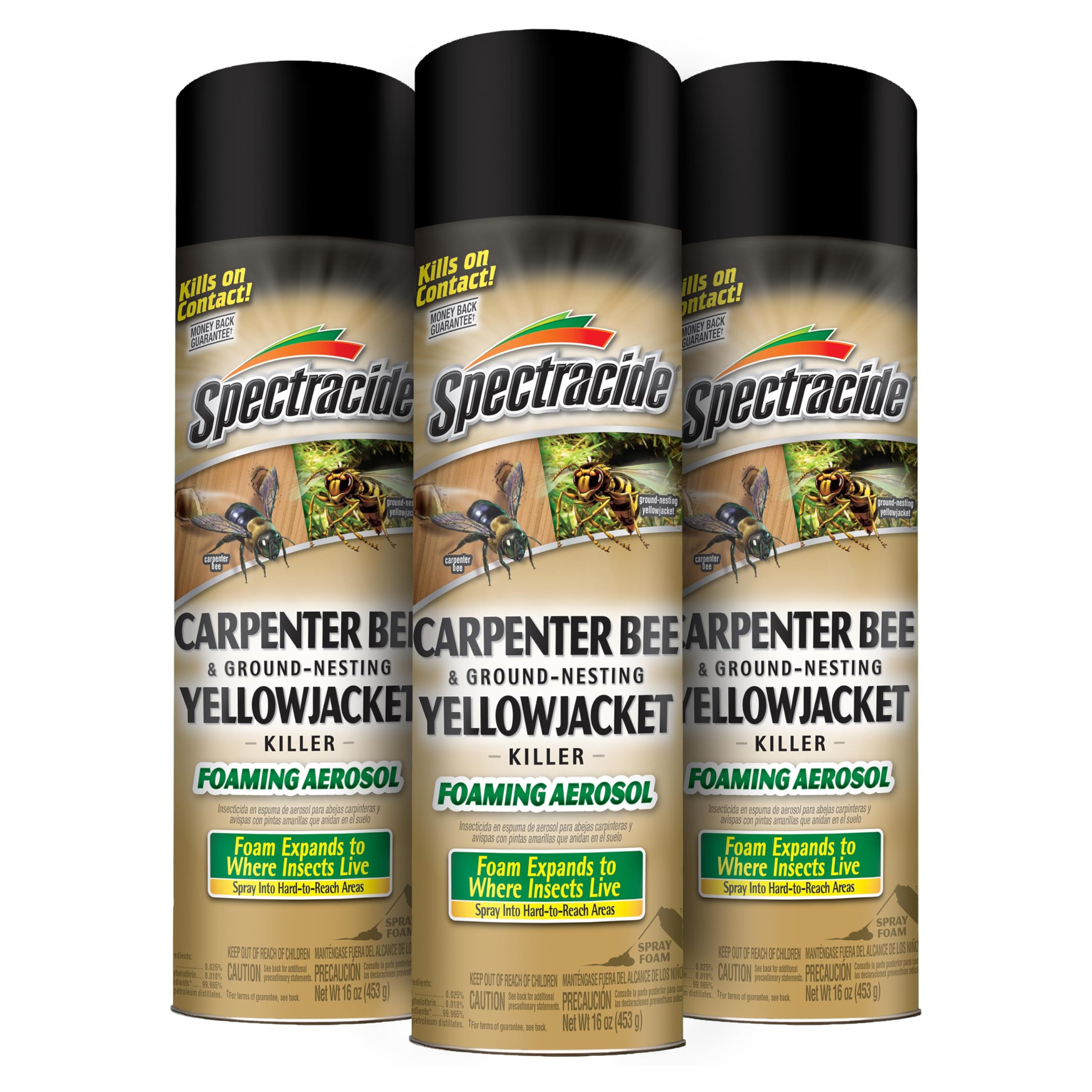 Spectracide aerosol frontal mostrando paquete de tres y facilidad de uso