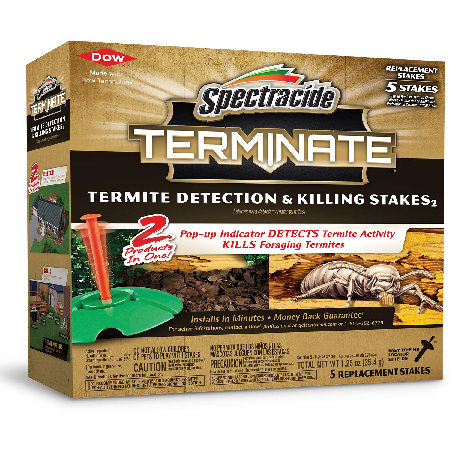 Spectracide frente del empaque que muestra 5 estacas y beneficios de detección
