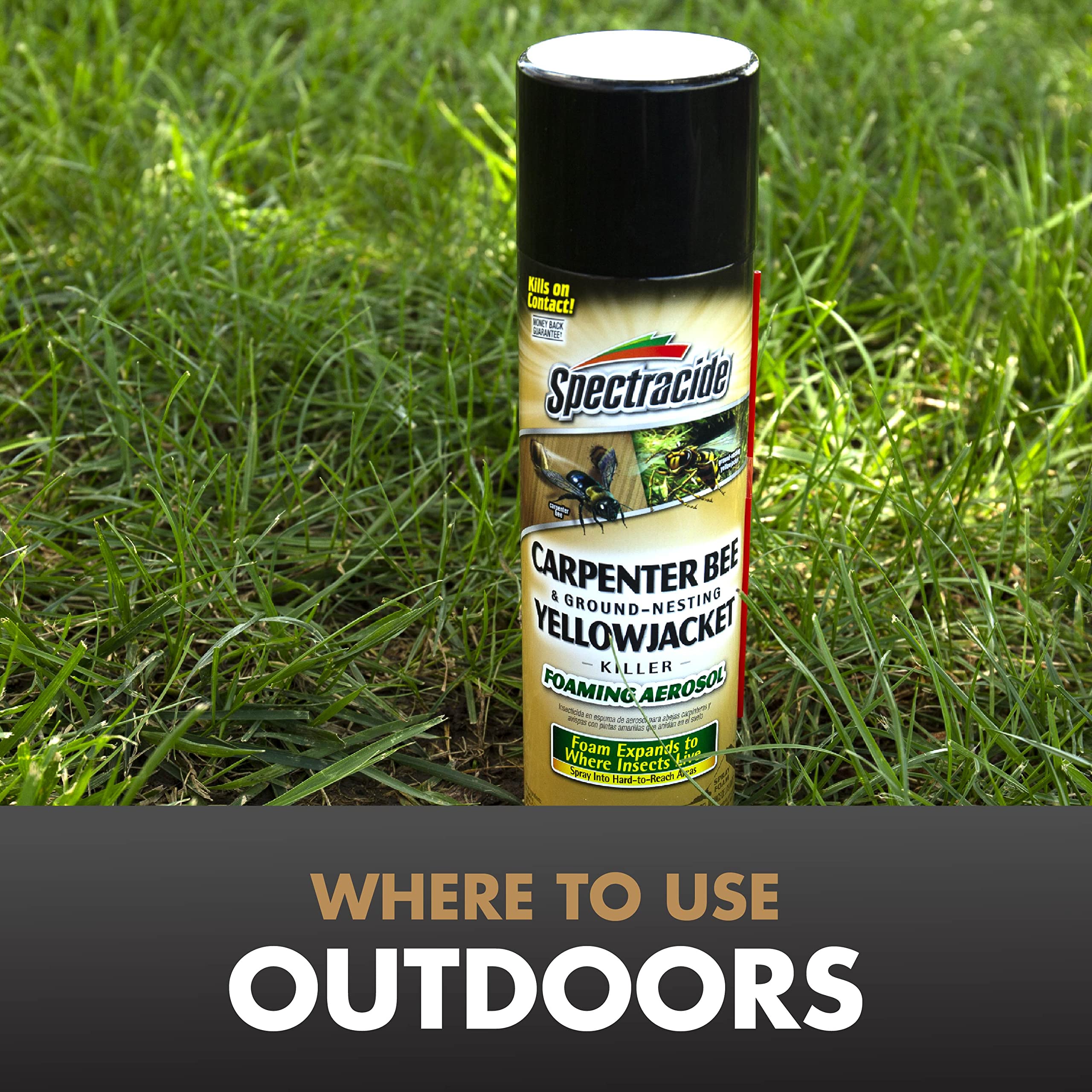 Spectracide producto en uso en un jardín protegiendo pérgolas y cobertizos