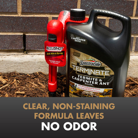 Spectracide rociado alrededor de cimiento creando barrera protectora exterior