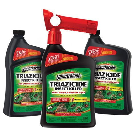 Spectracide Triazicide frente del envase mostrando etiqueta y tamaño, protección efectiva