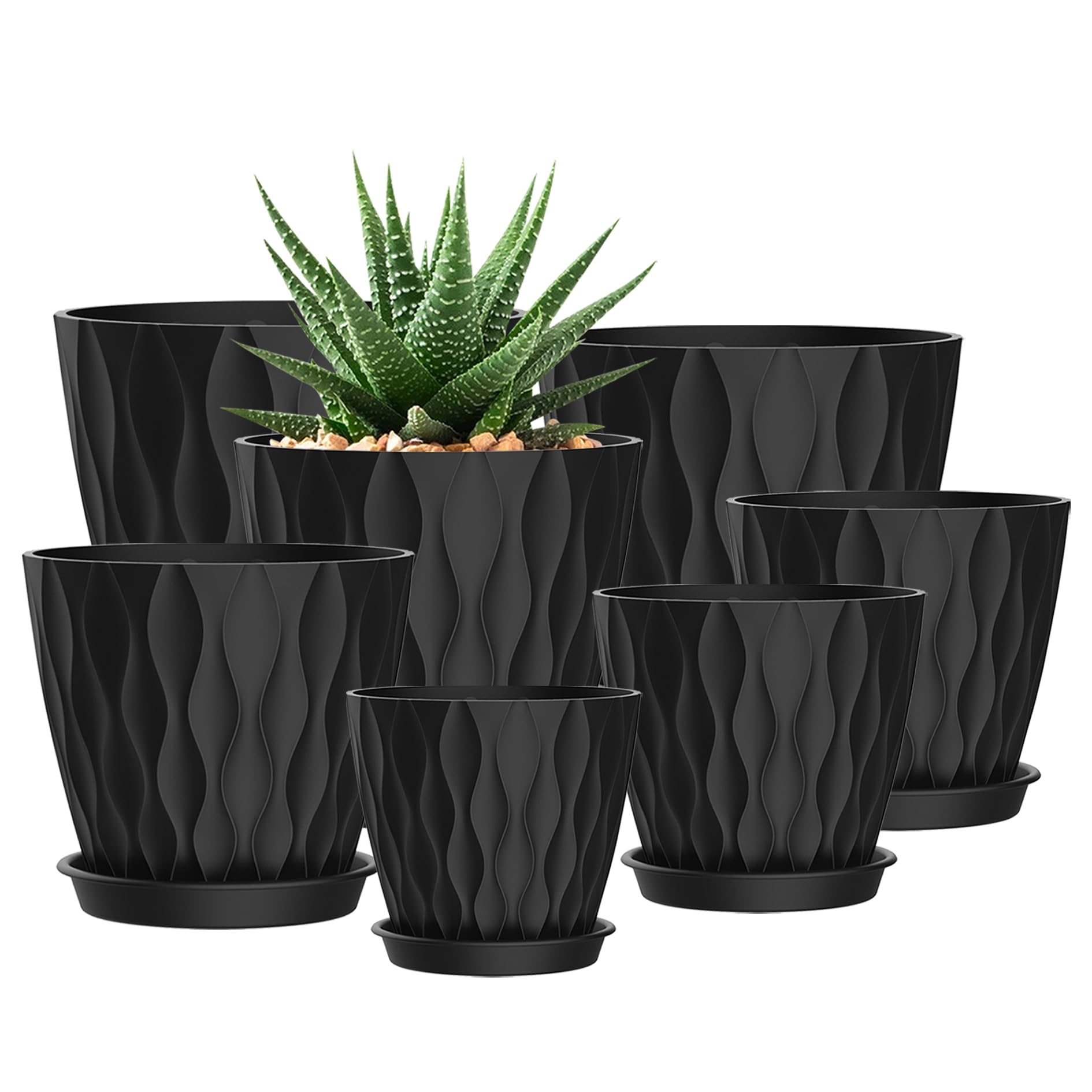SQKH maceta frontal pack negro mostrando variedad de tamaños y diseño moderno