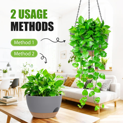 SQKH maceta colgante instalada en balcón con plantas, optimiza espacio exterior