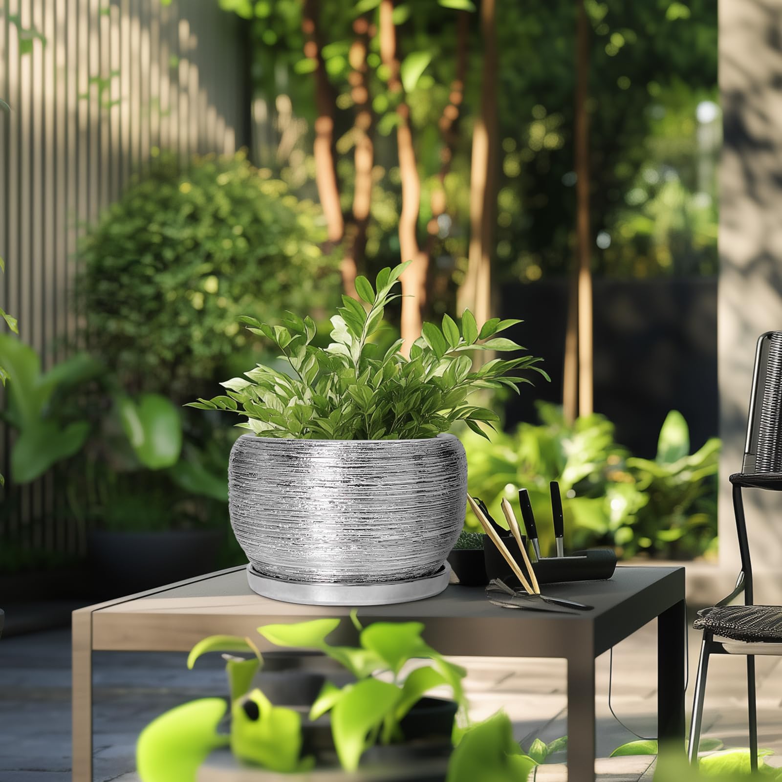 SQOWL maceta en salón con planta, mejora la decoración interior y ambiente