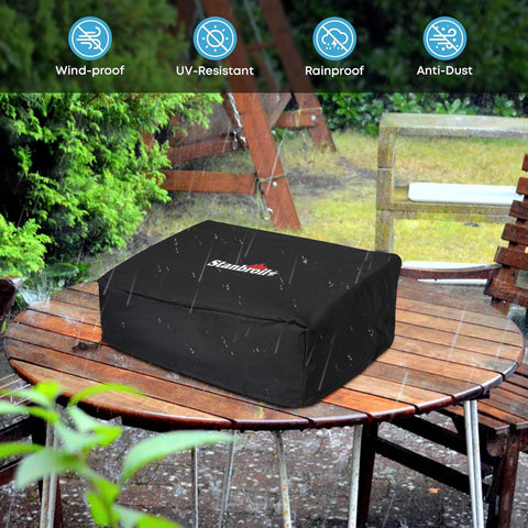 Stanbroil funda instalada en terraza bajo lluvia ligera, protección exterior