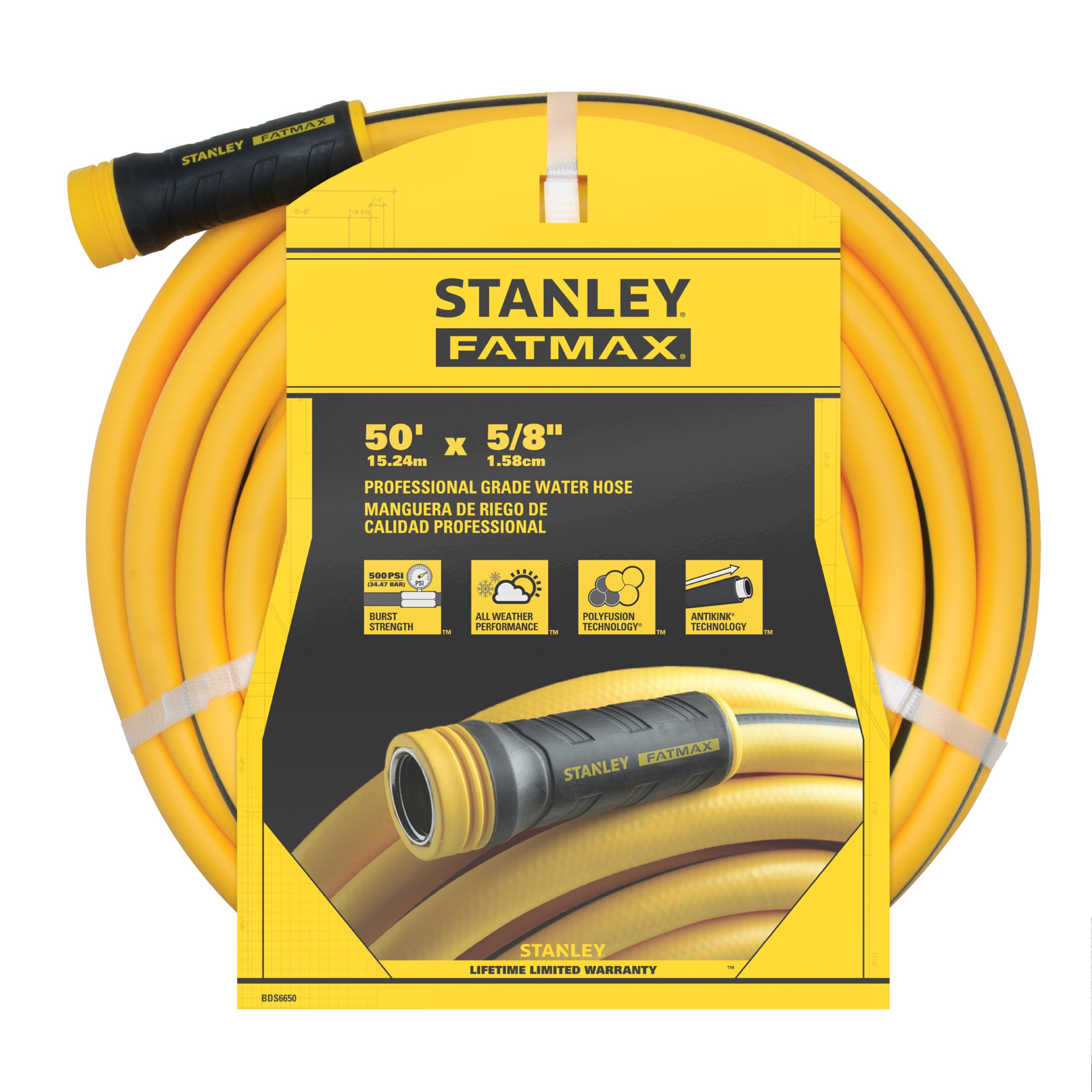 Stanley FATMAX frontal del rollo mostrando la manguera amarilla y su longitud útil