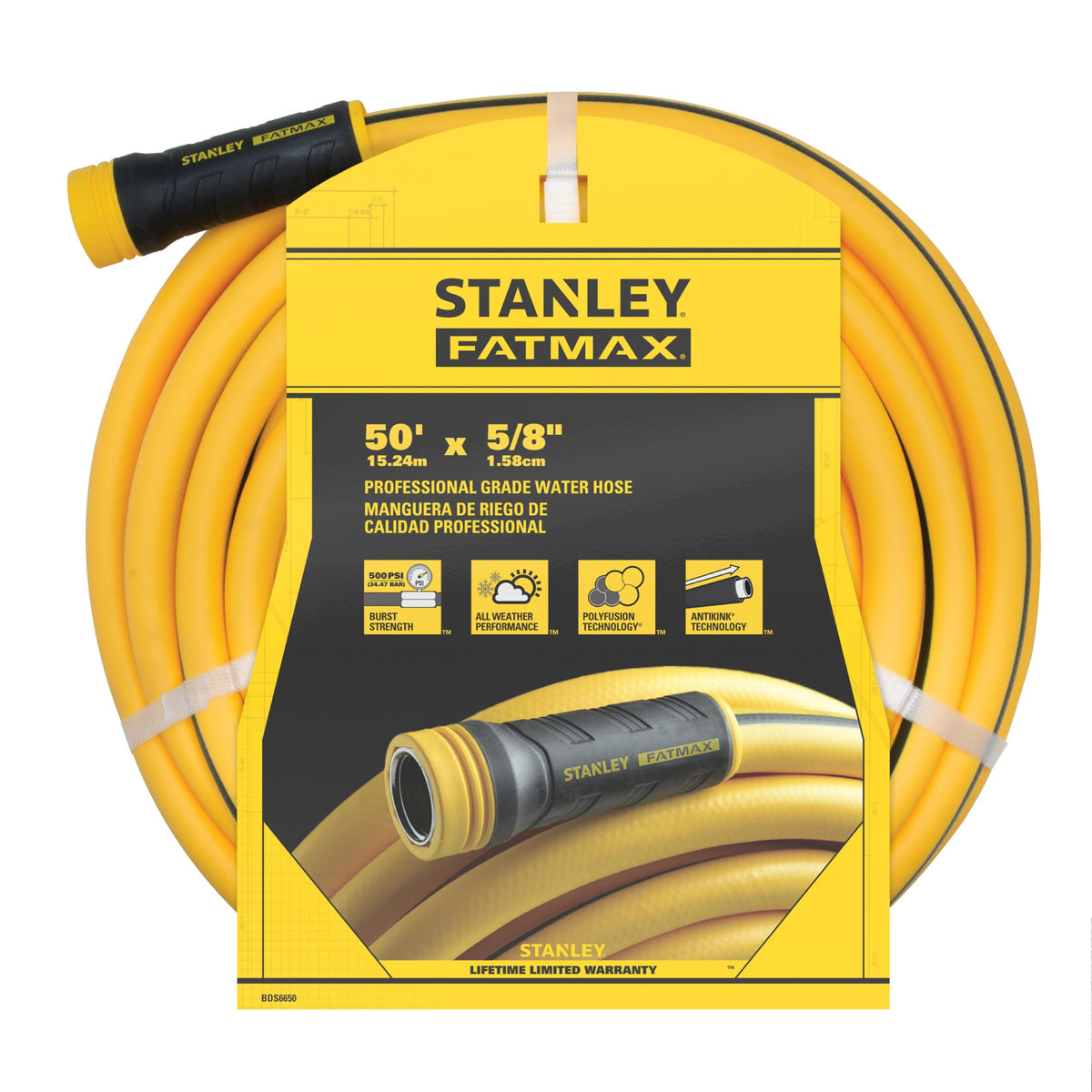 Stanley FATMAX frontal del rollo mostrando la manguera amarilla y su longitud útil
