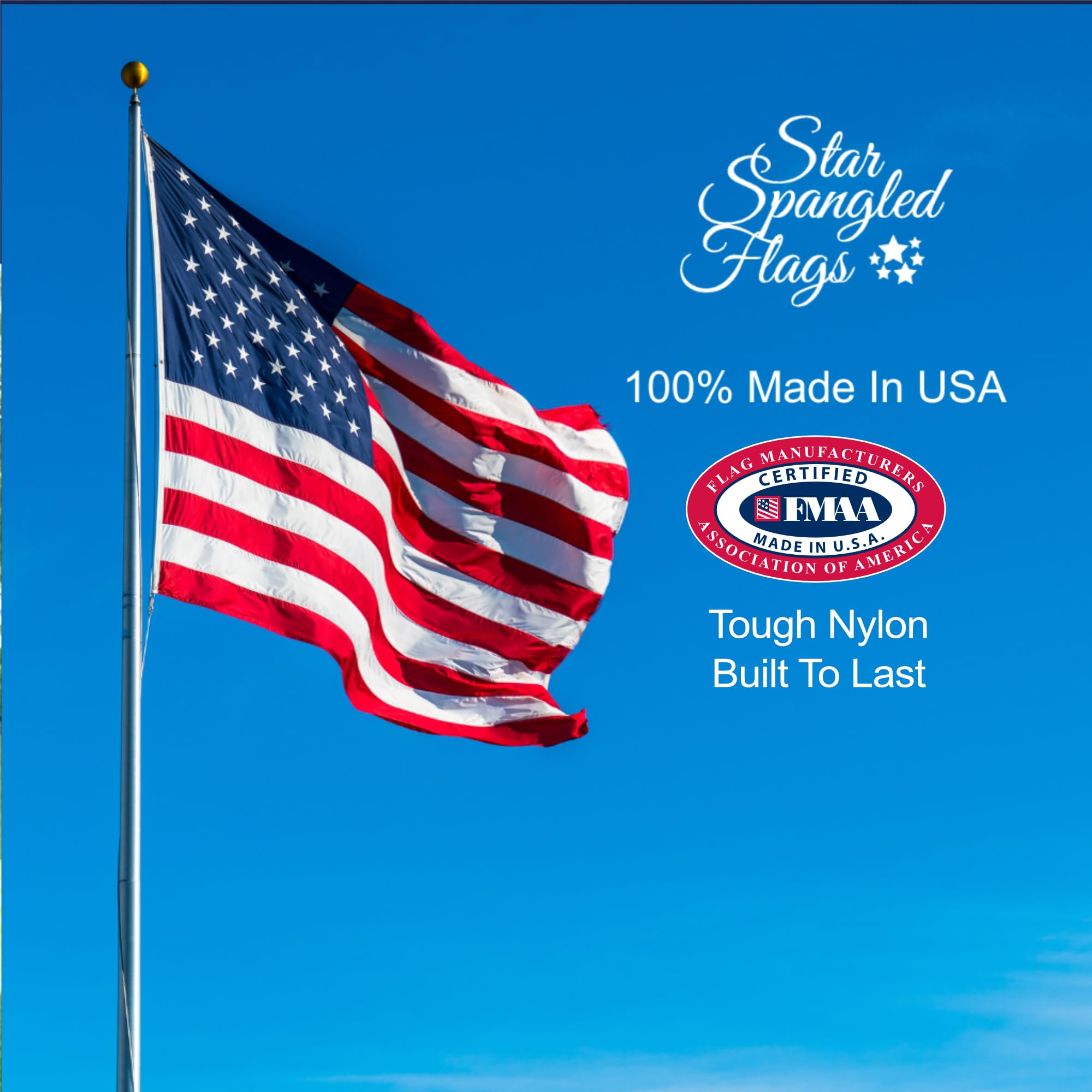 Star Spangled Flags primer plano de estrellas bordadas, ofrece apariencia refinada