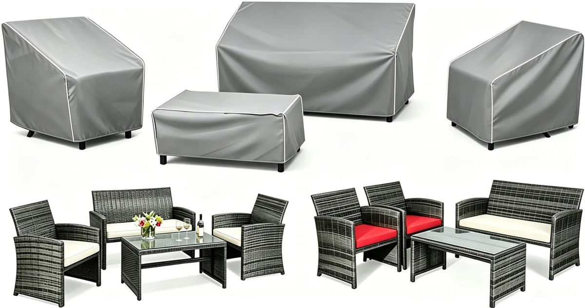 STARTWO vista frontal del set de fundas protegiendo un conjunto de patio, protección completa