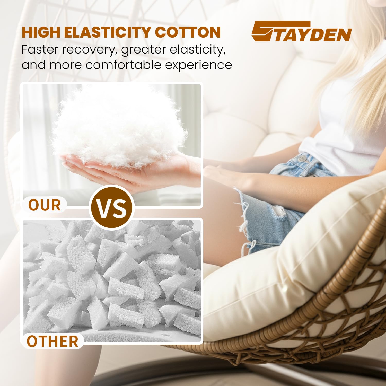 STAYDEN cojín instalado en silla Egg colgante ofreciendo confort inmediato