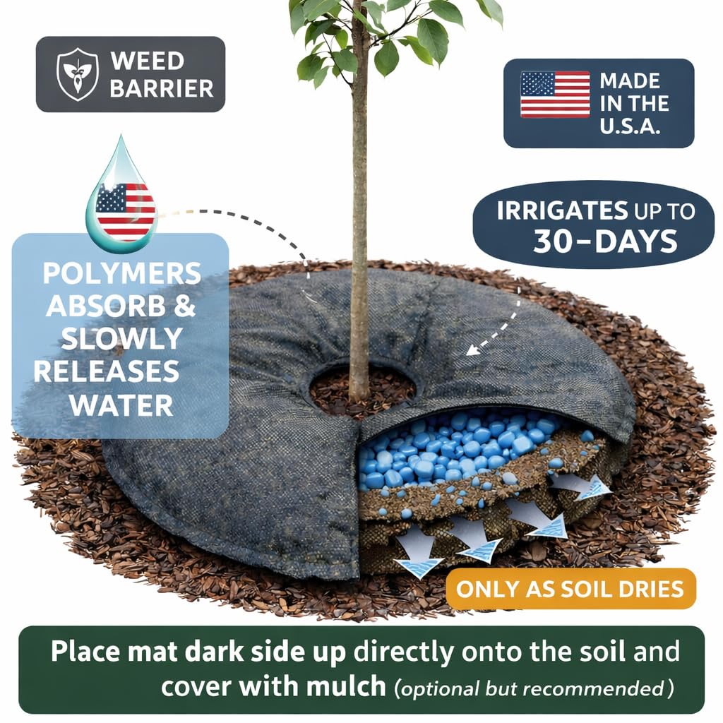 SteadySpring cubierta con mulch grueso protegiendo alfombra y reduciendo evaporación