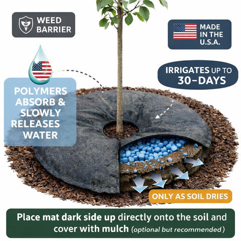 SteadySpring cubierta con mulch grueso protegiendo alfombra y reduciendo evaporación