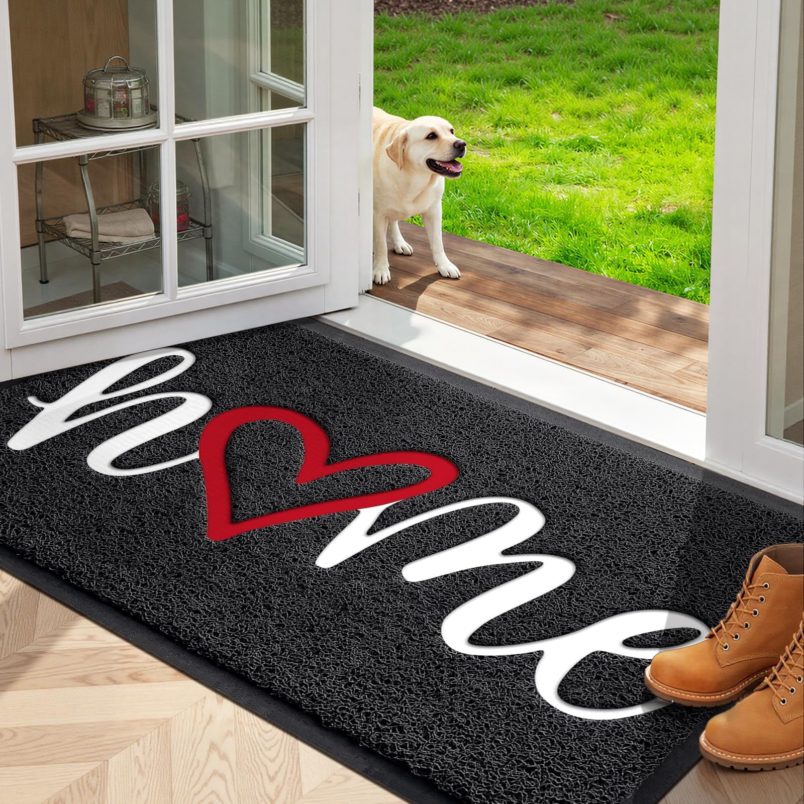 StepLively felpudo frontal negro mostrando diseño 'home' y bienvenida práctica