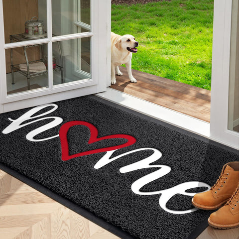 StepLively felpudo frontal negro mostrando diseño 'home' y bienvenida práctica
