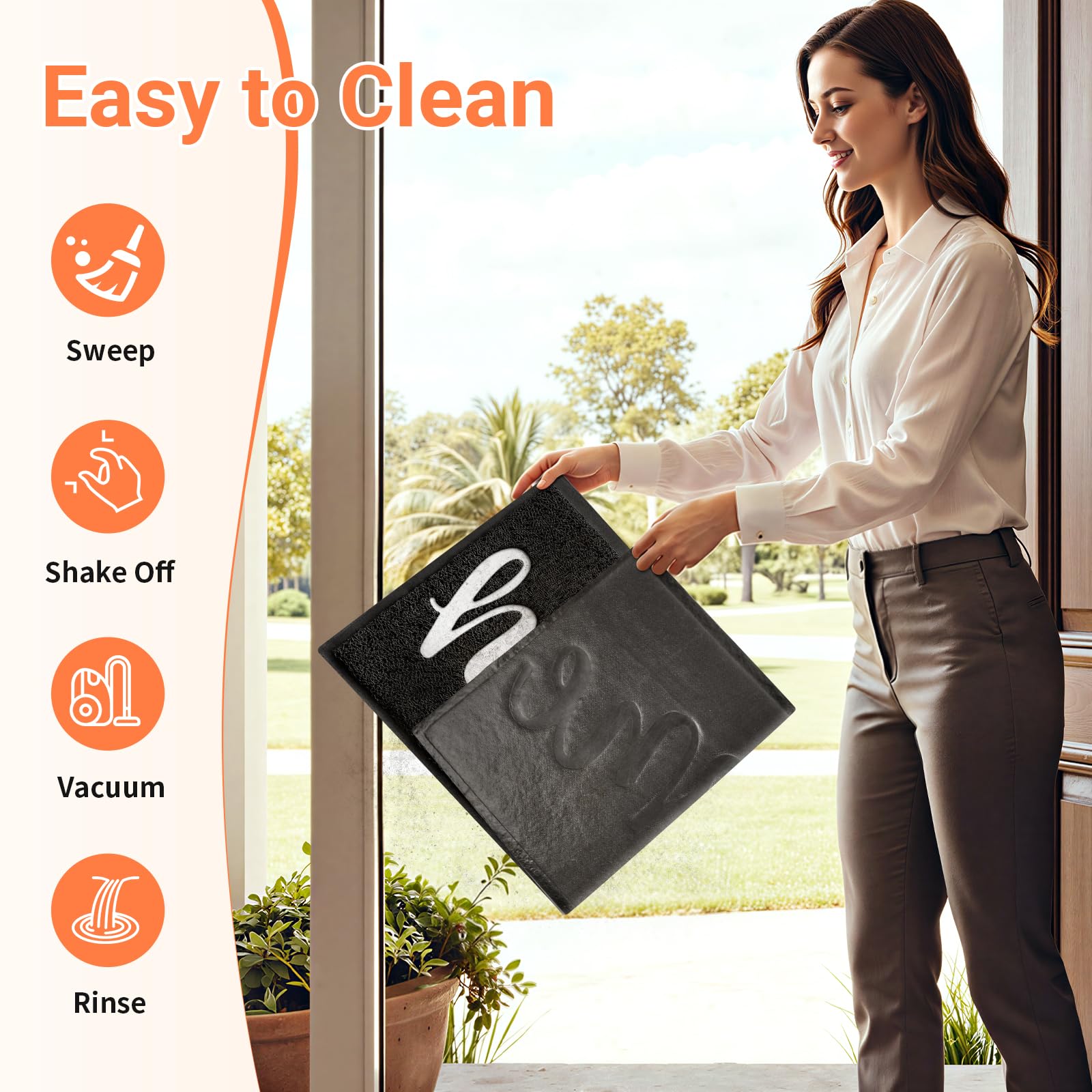 StepLively persona limpiando zapatos en felpudo para menos suciedad adentro