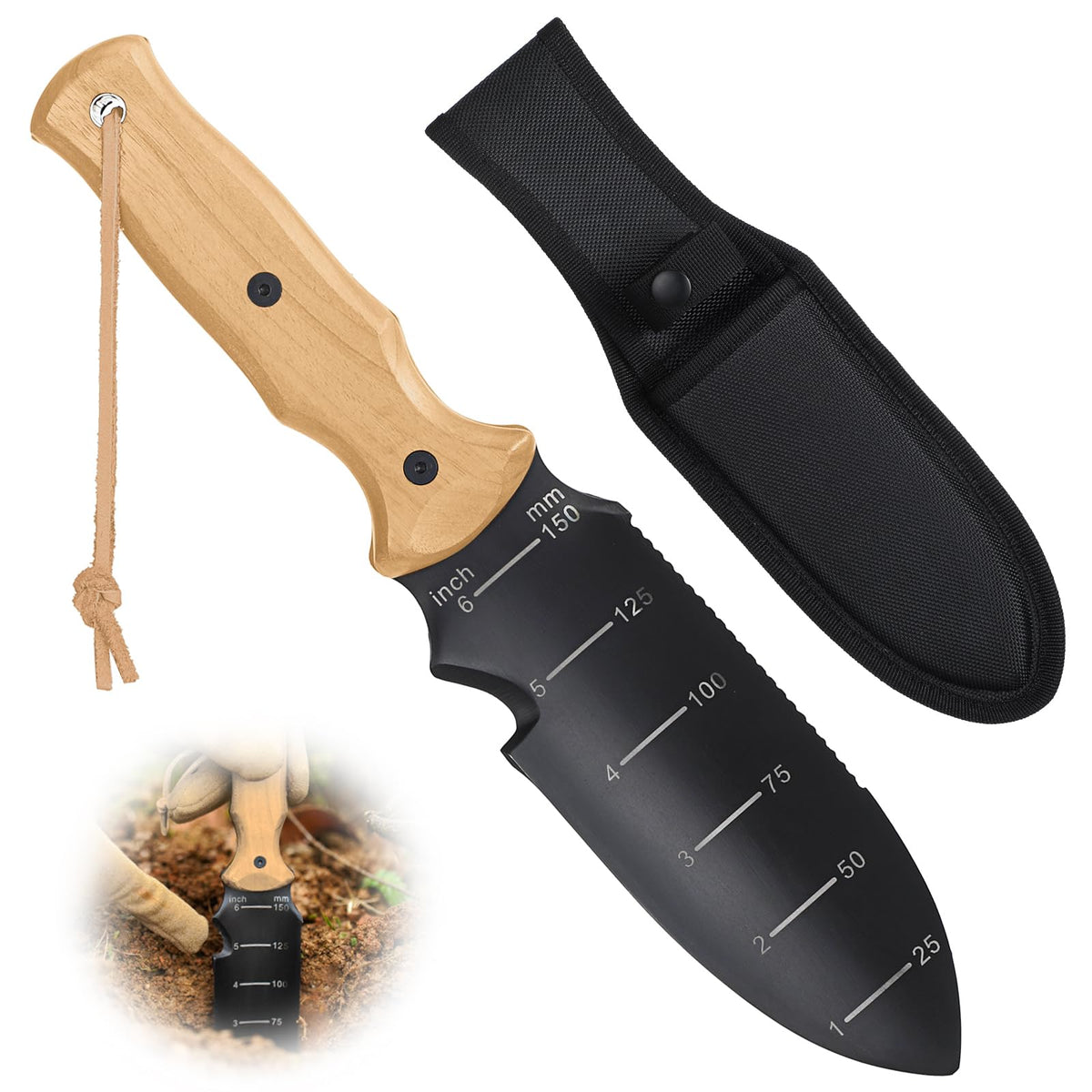 STRFOG cuchillo hori hori vista frontal, herramienta versátil