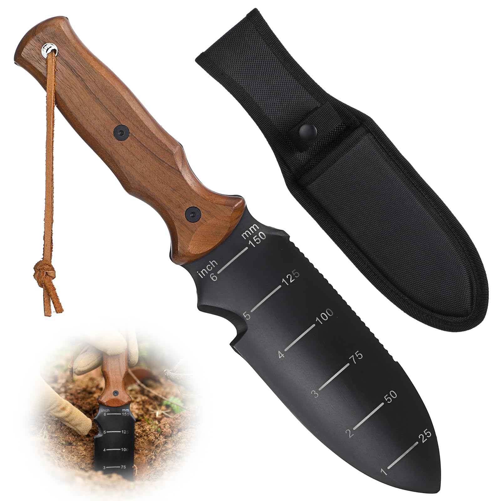 STRFOG cuchillo Hori Hori frontal mostrando funda y diseño, herramienta portátil
