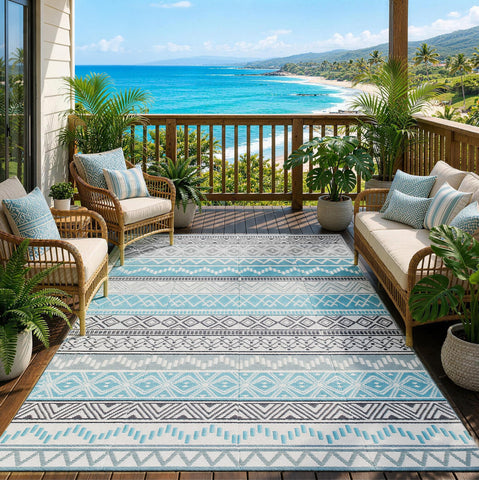 Strickland Home alfombra frontal mostrando diseño azul y gris y resistencia