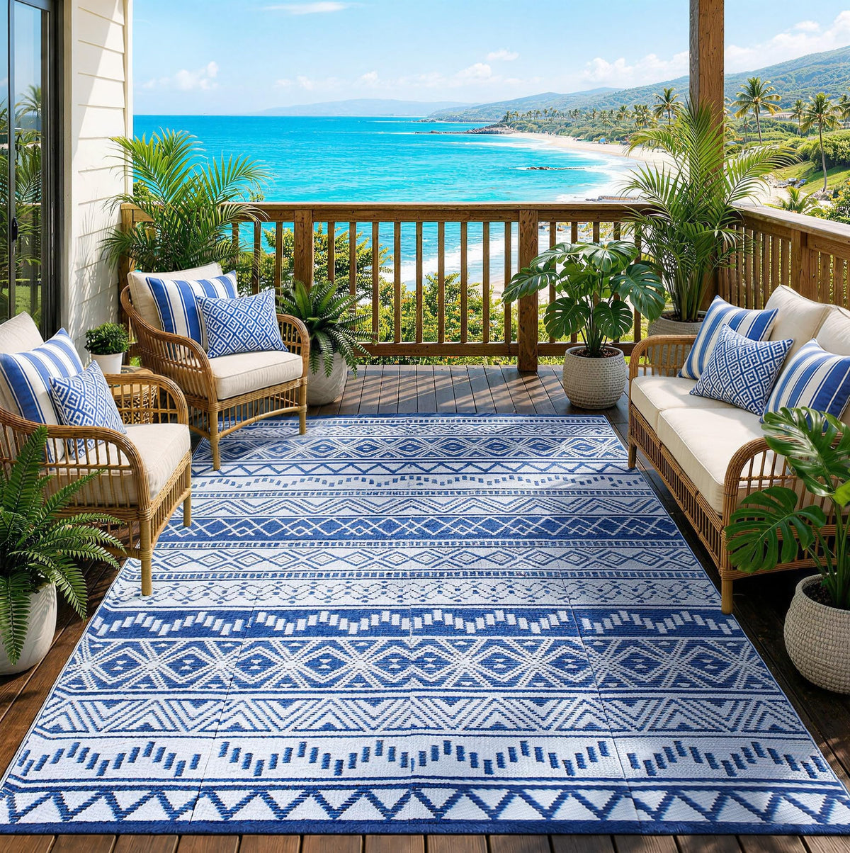 Strickland Home alfombra exterior frontal mostrando patrón navy blanco y beneficio estético