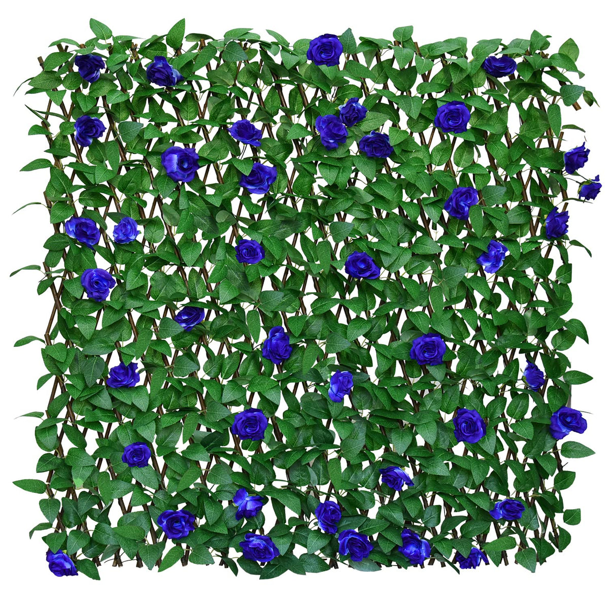 Sumery panel frontal mostrando hiedra artificial y flores azules para privacidad