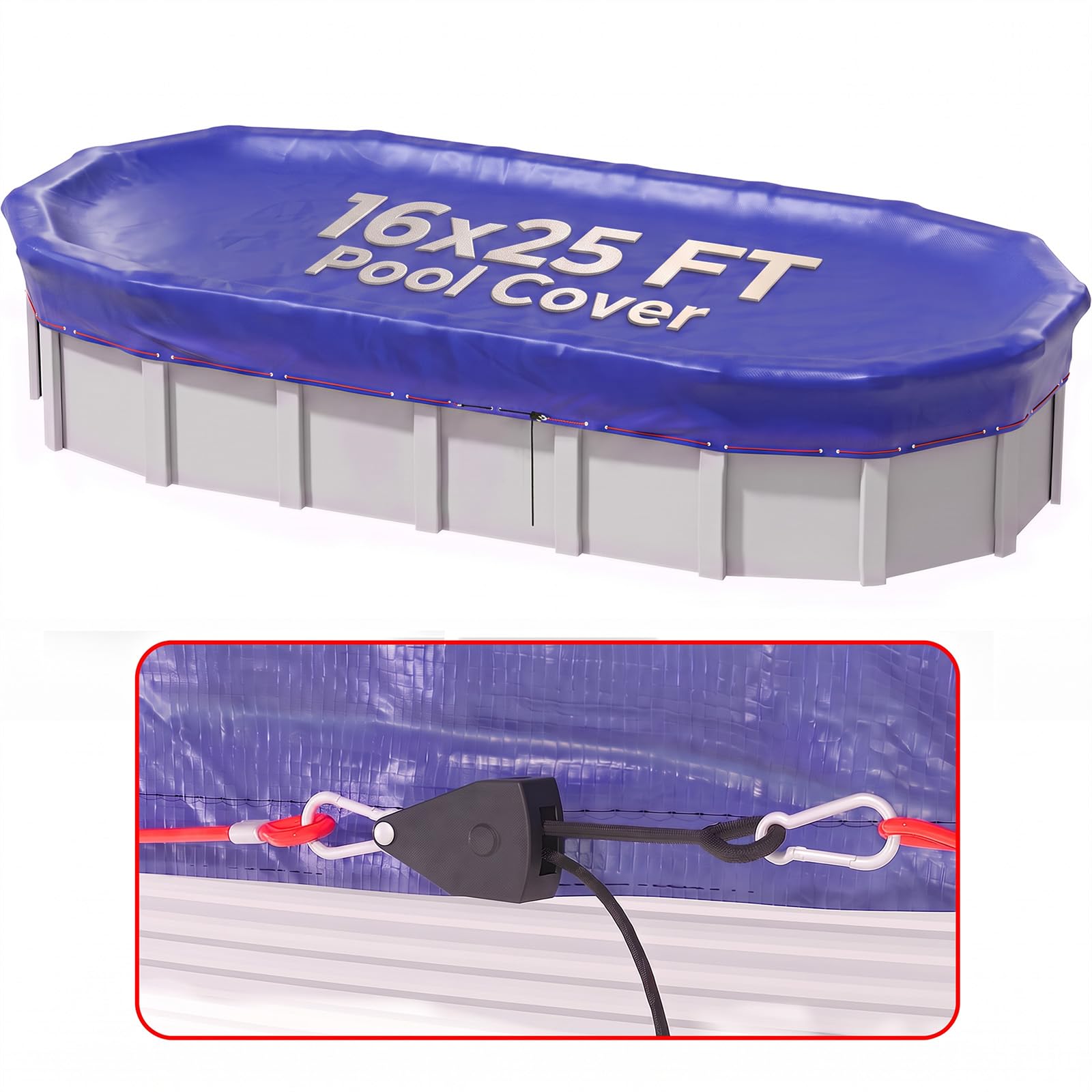 SUMMERBUDDY vista frontal de la cubierta oval 16x25 ft protegiendo piscina